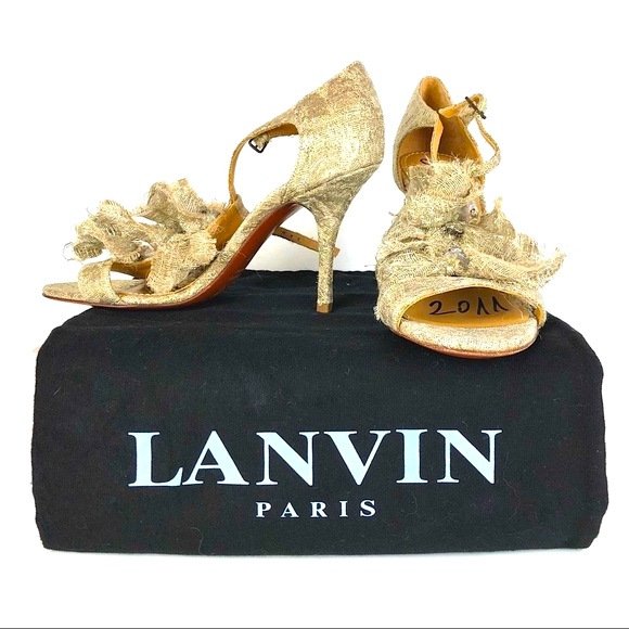 Lanvin Gold Damask Crystal Canvas Heels 37
